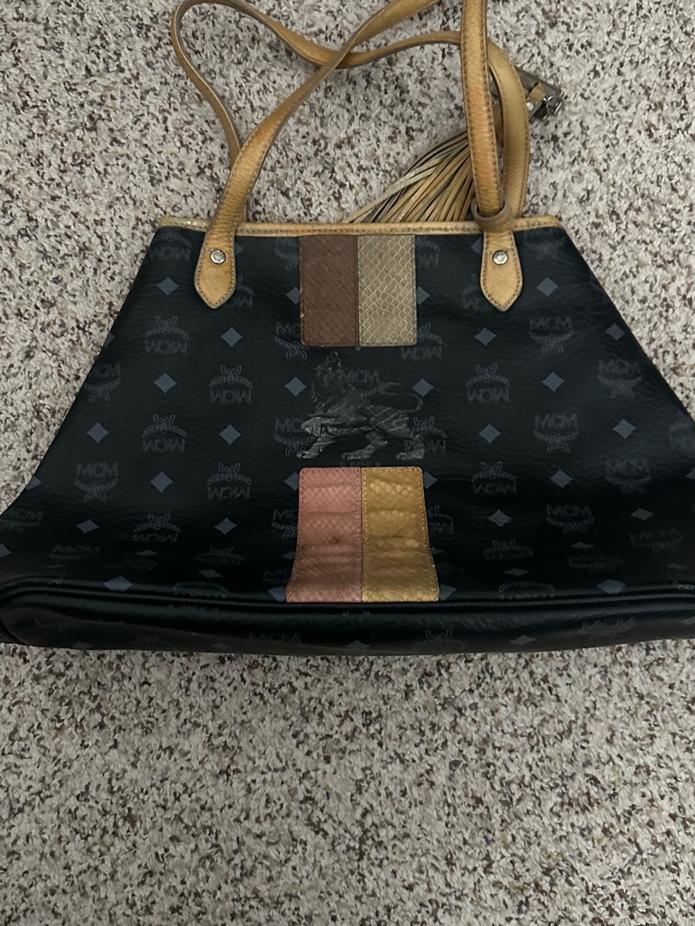 MCM Black Logo Tote with Tan Handles and Multicolor Accents